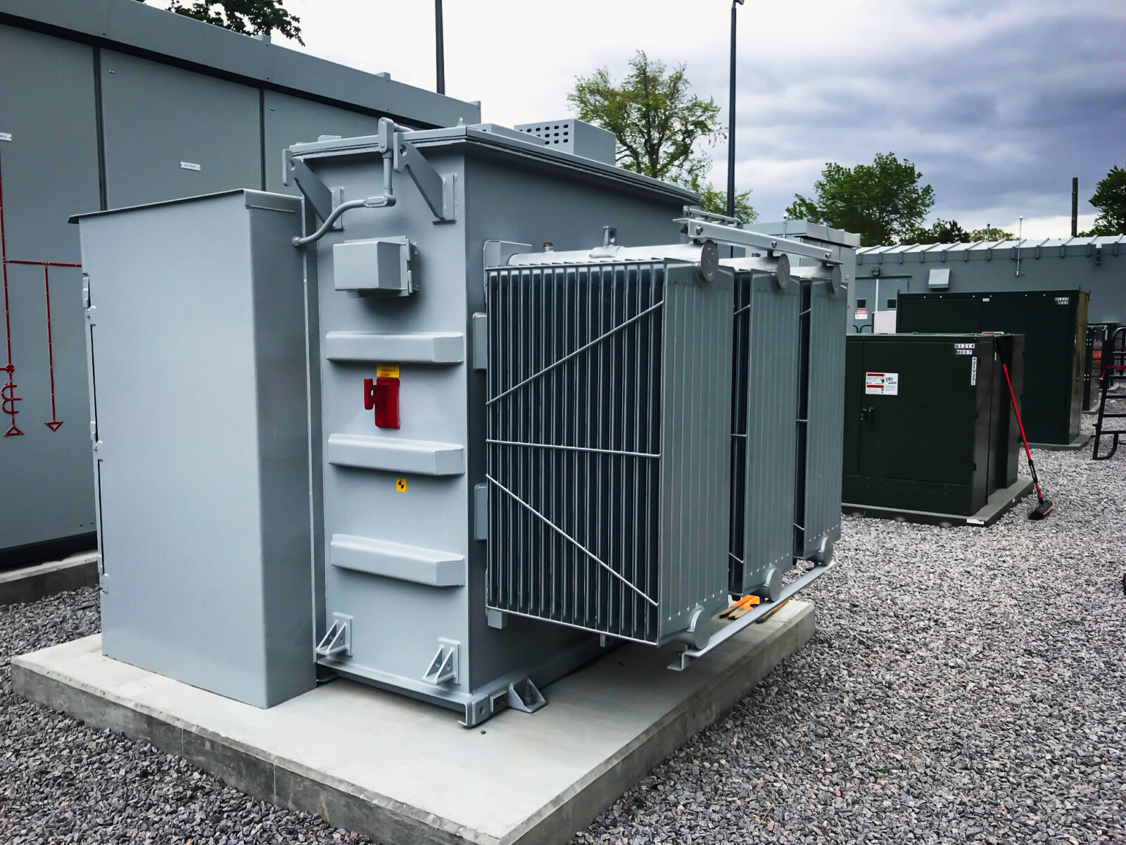 Close up view of gray substation