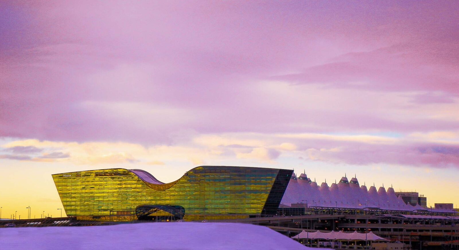Denver International Airport during sunset