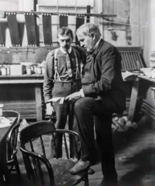 Lewis Edward Myers and Thomas Edison in a factory