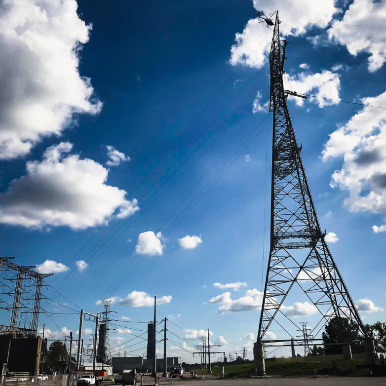Transmission tower on a cloudy day