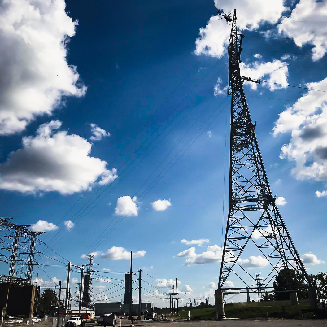Transmission tower on a cloudy day