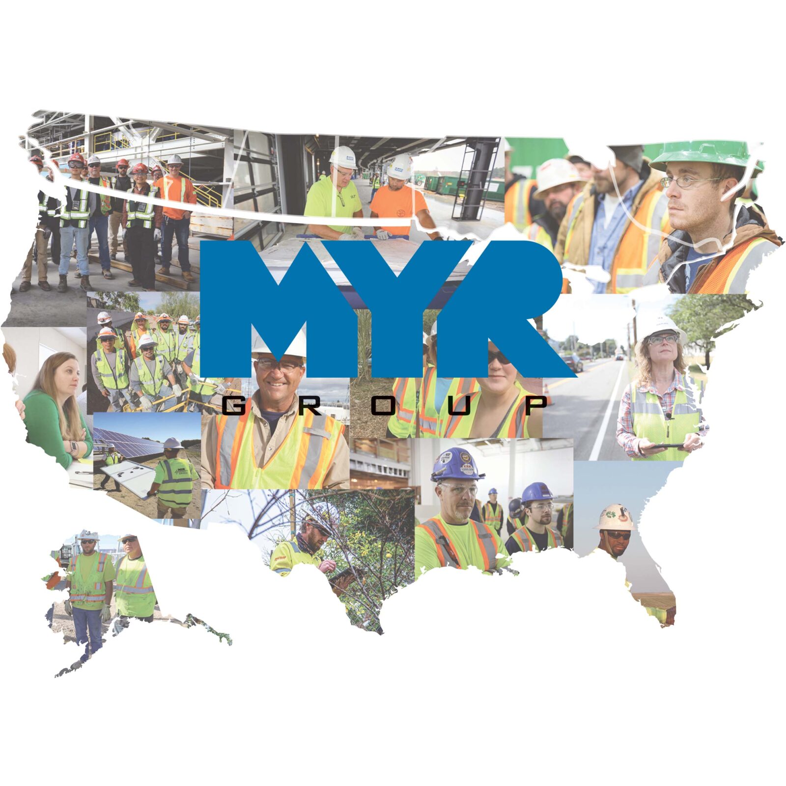 Collage of MYR Group staff on the map of Canada and USA