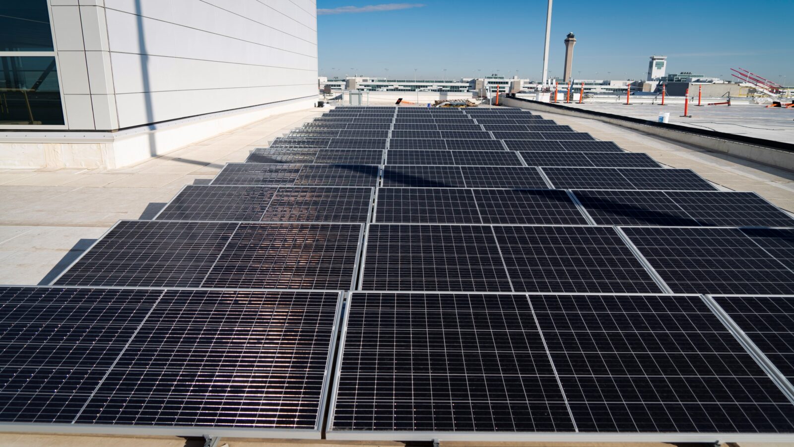 Solar panels on a roof at Denver International Airport