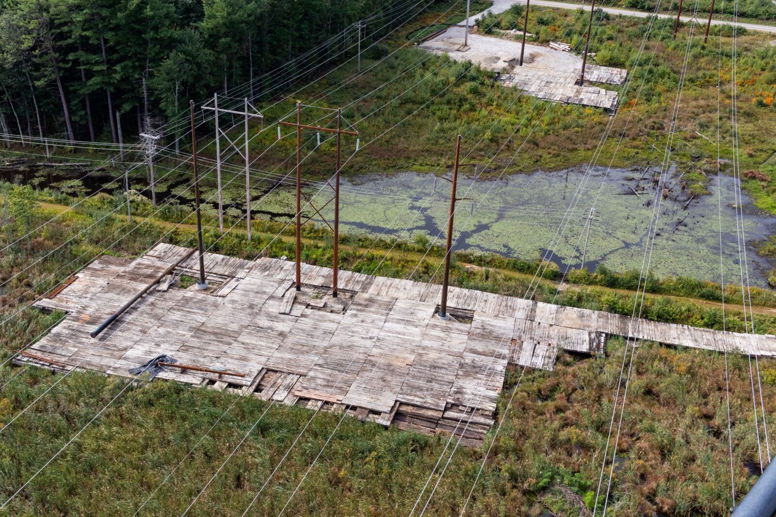 An aerial view of multiple transmission lines and matting