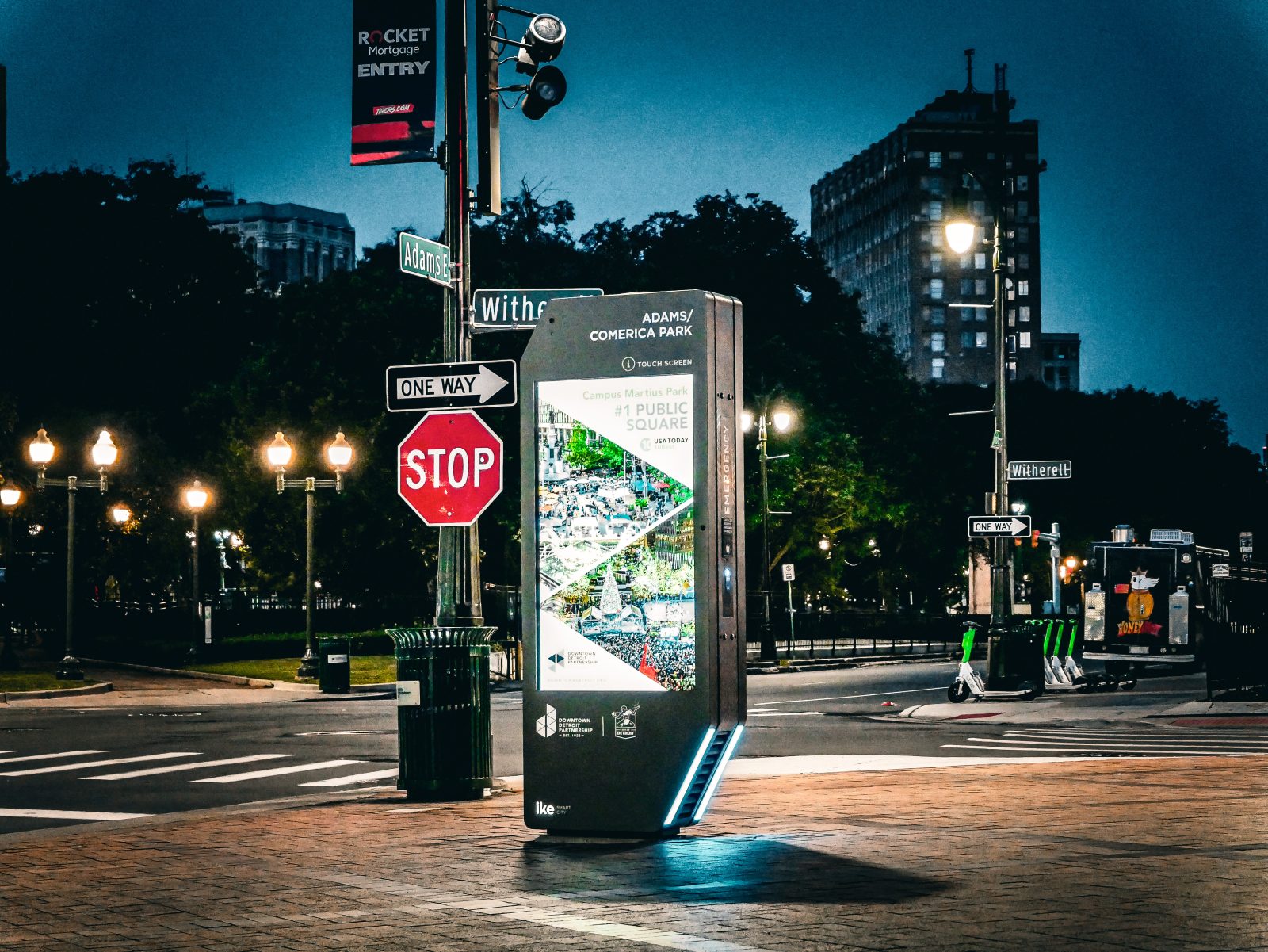 Interactive touch screen kiosk in city