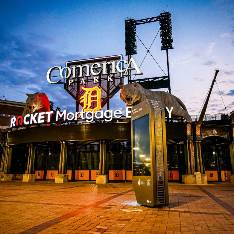 Interactive touch screen kiosk outside Detroit's Comerica Park