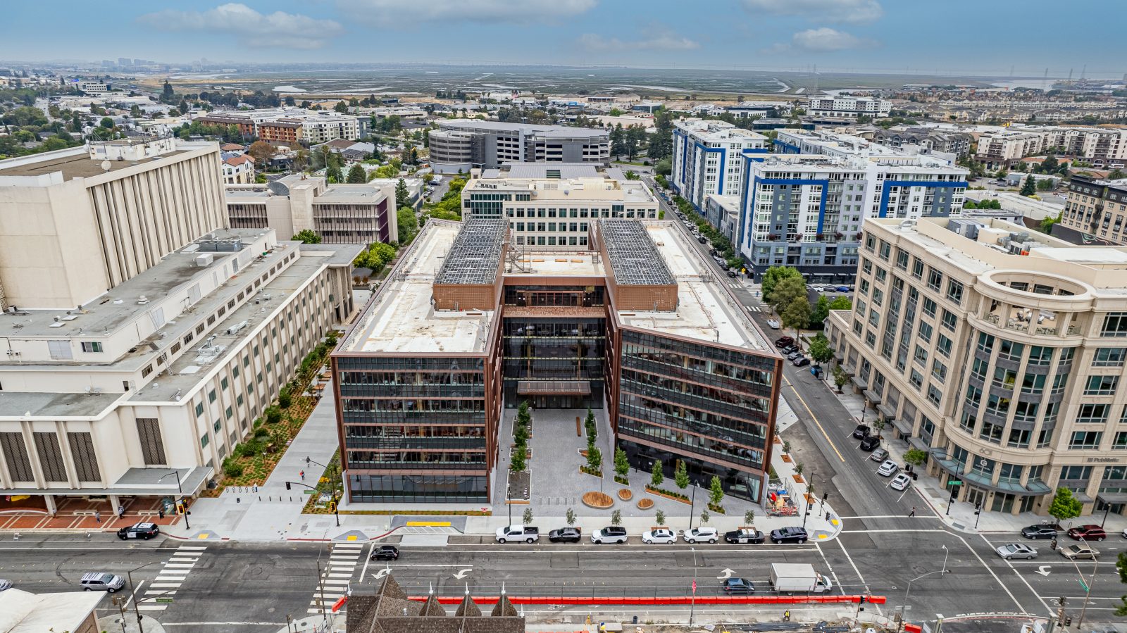 looking down on a five-story building from above