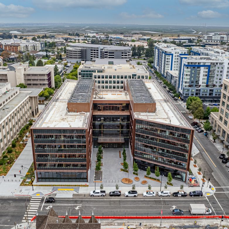 looking down on a five-story building from above